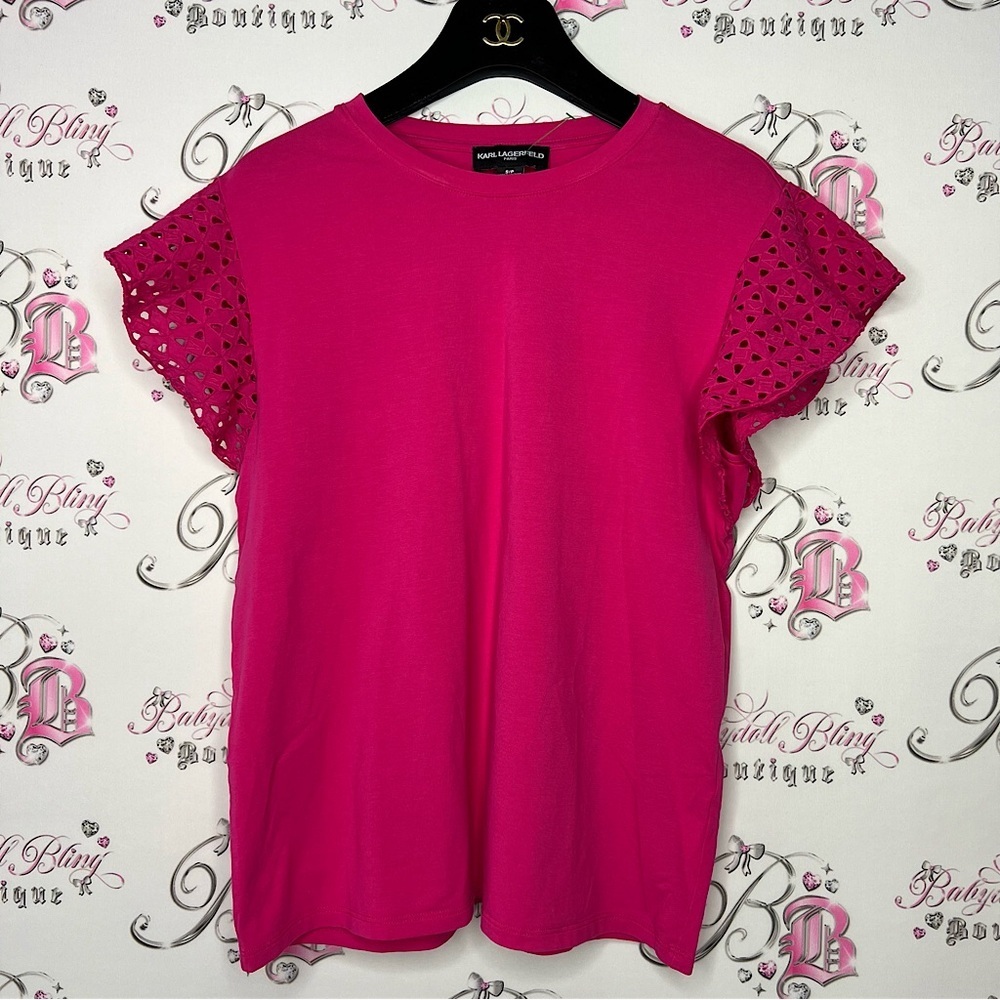 Karl lagerfeld tshirt crochet shoulder detail fuschia pink soft stretchy boho